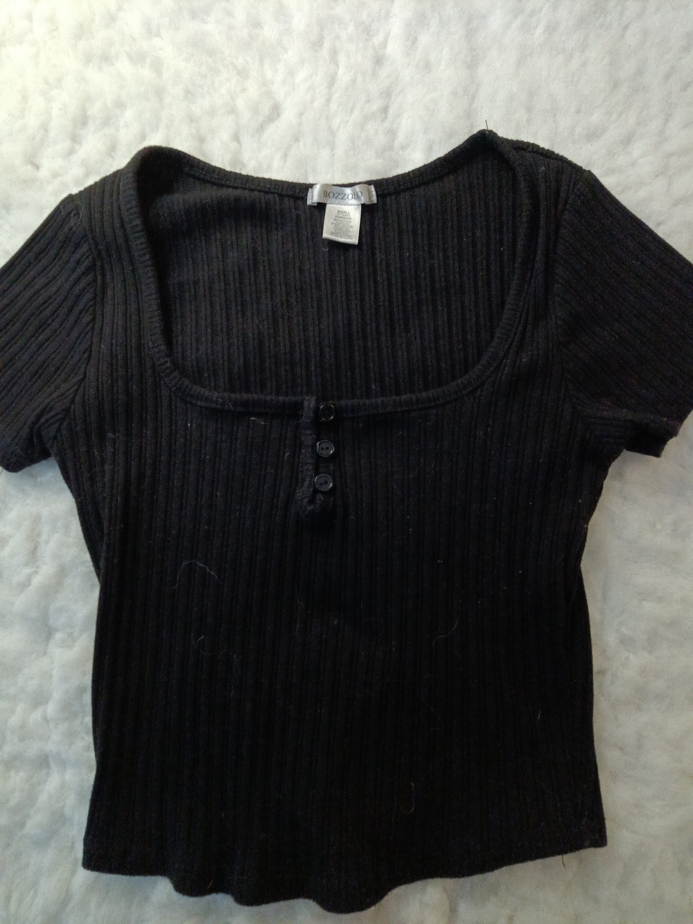 Bozzolo Black Ribbed Short Sleeve Henley Scoop Neck Top